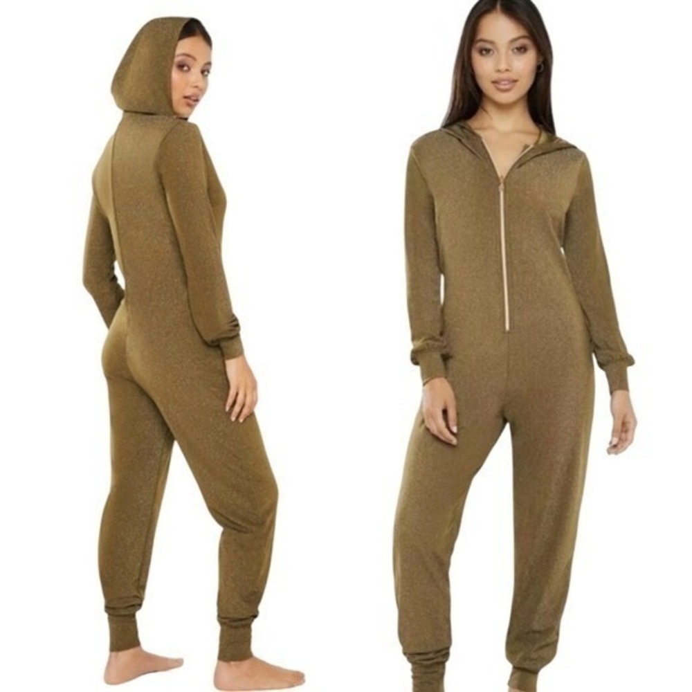 Savage X Fenty Womens Metallic Hooded Jumpsuit Olive Green Shimmer One Piece M - Picture 14 of 15